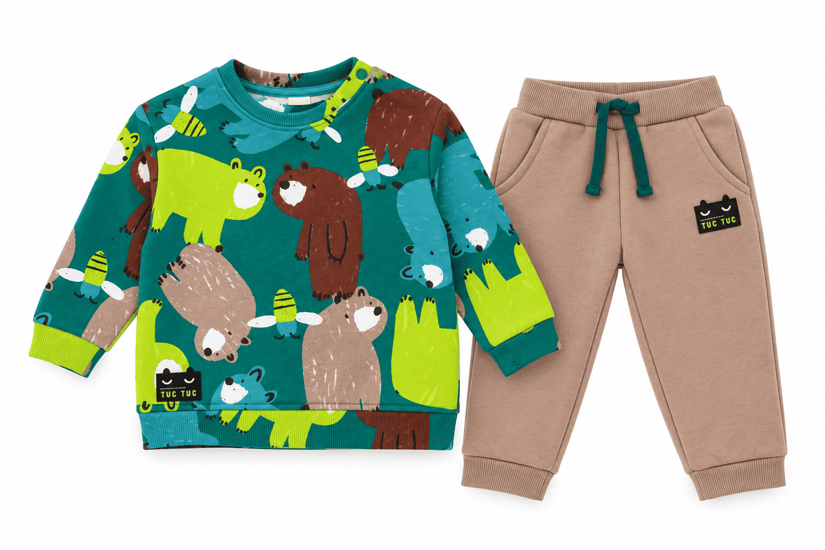 Conjunto de niño de felpa con sudadera de diseño de osos y pantalón a juego