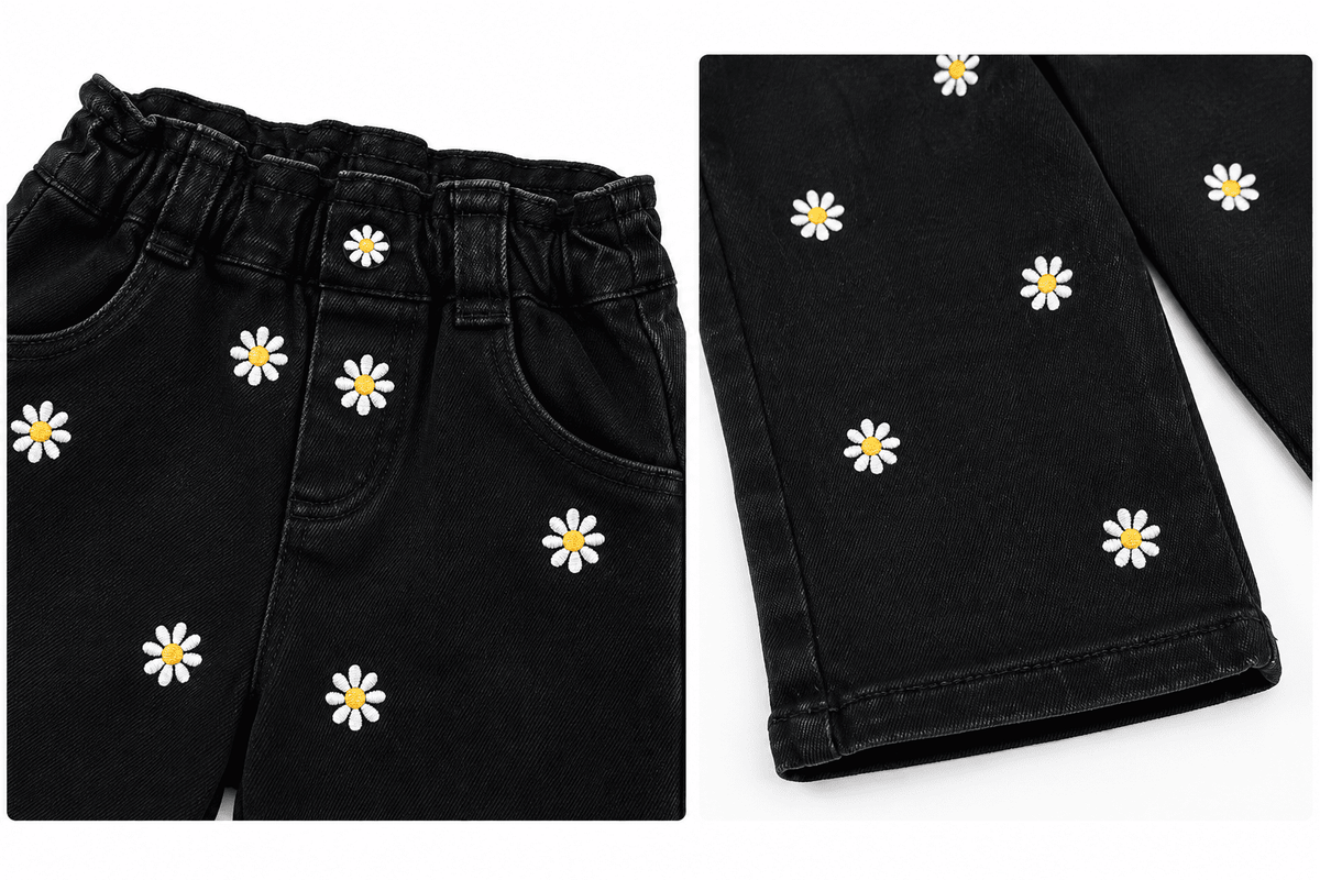 Pantalón de niña de tela plana con bordados florales