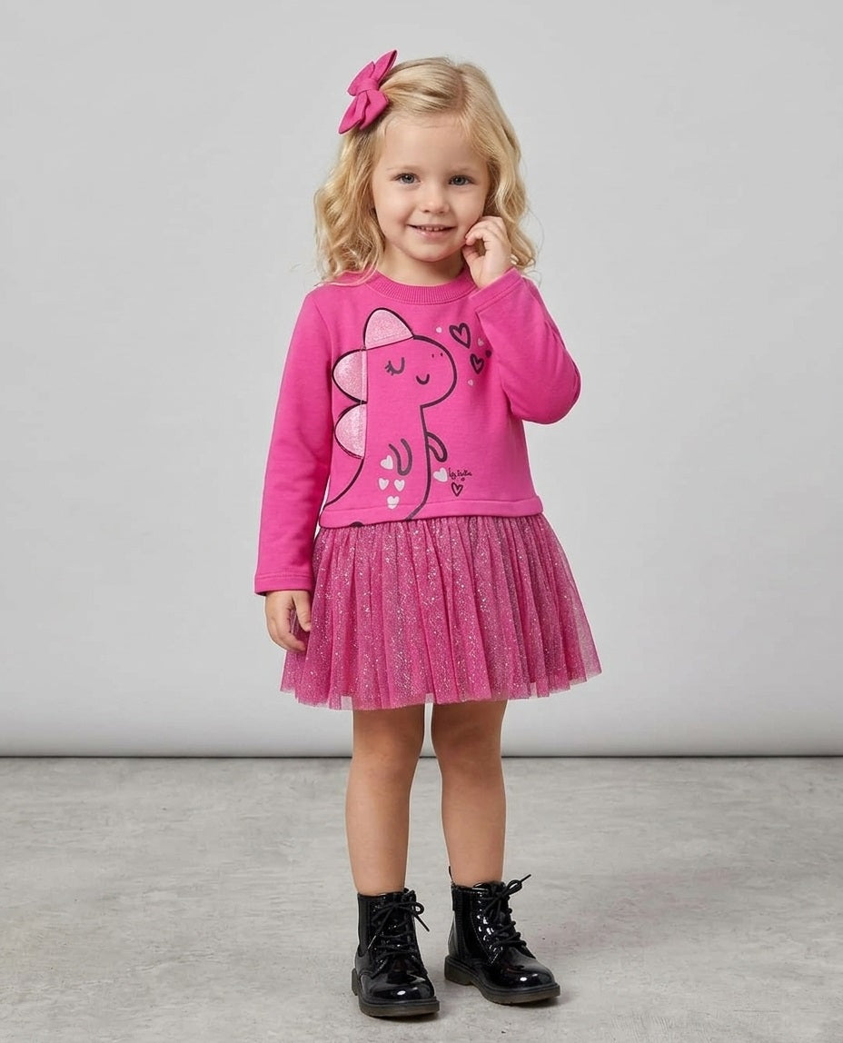 Vestido de niña de punto y felpa con diseño de dinosaurio y volante