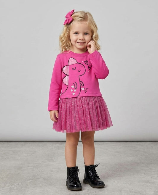 Vestido de niña de punto y felpa con diseño de dinosaurio y volante