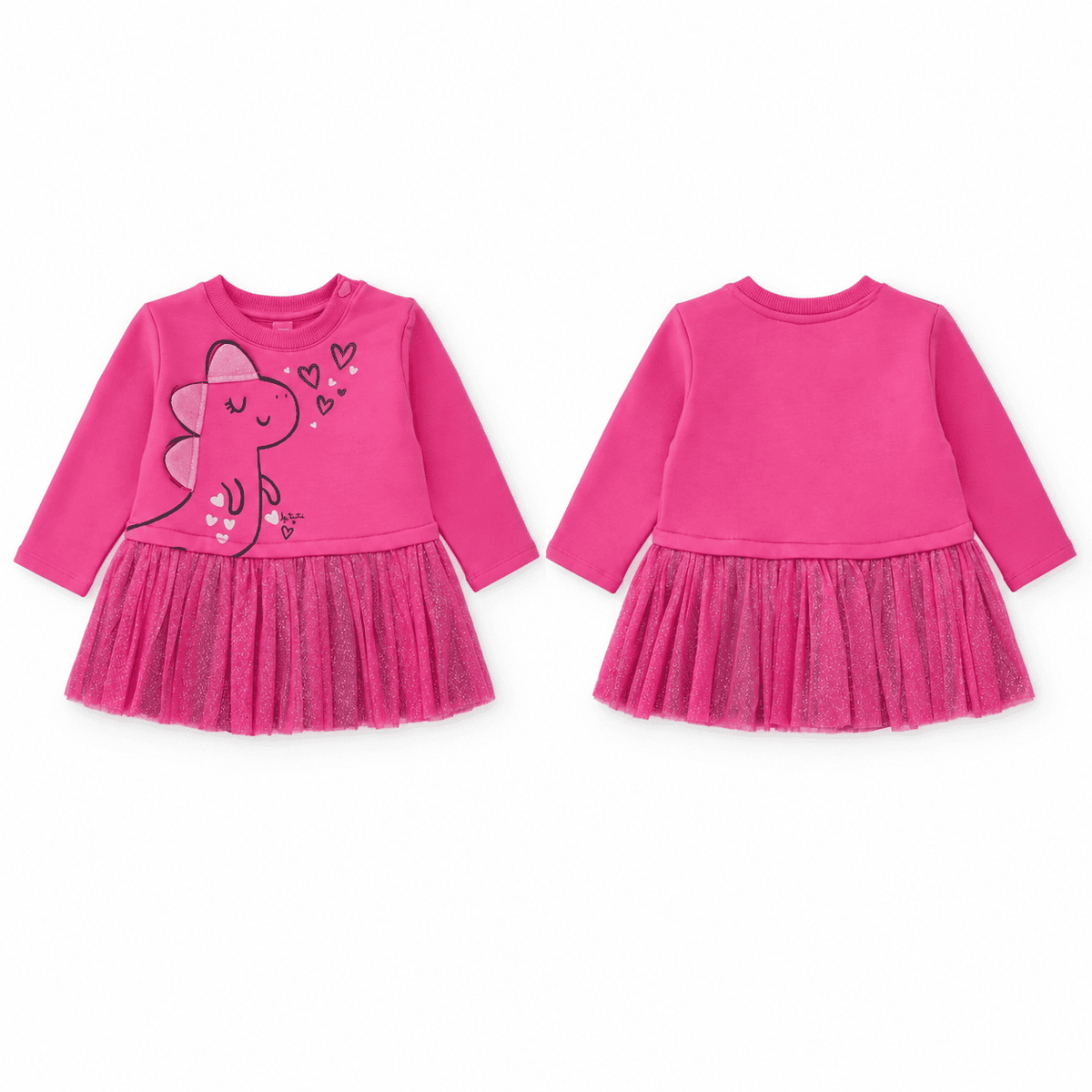 Vestido de niña de punto y felpa con diseño de dinosaurio y volante