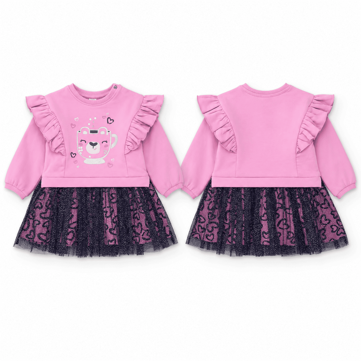 Vestido de niña de felpa con volantes y dibujo divertido