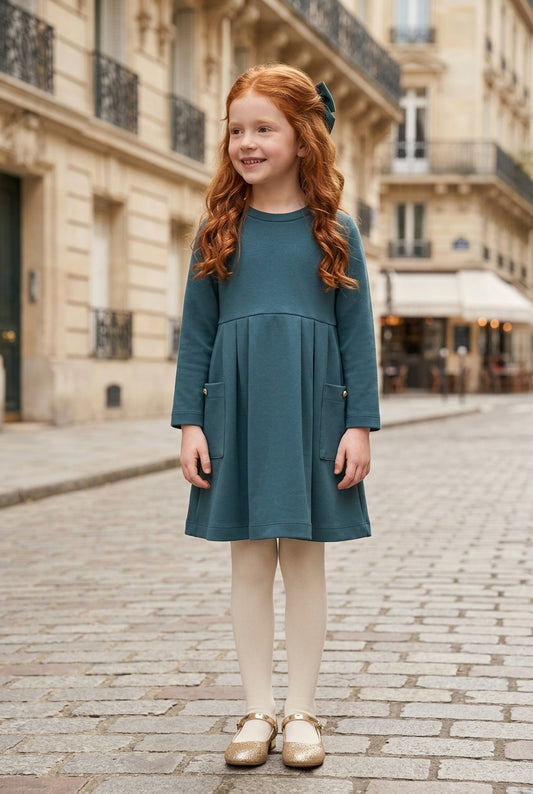 Vestido liso manga larga con bolsillos