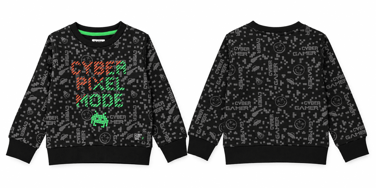 Sudadera de niño de felpa con estampado pixelado y puños elásticos