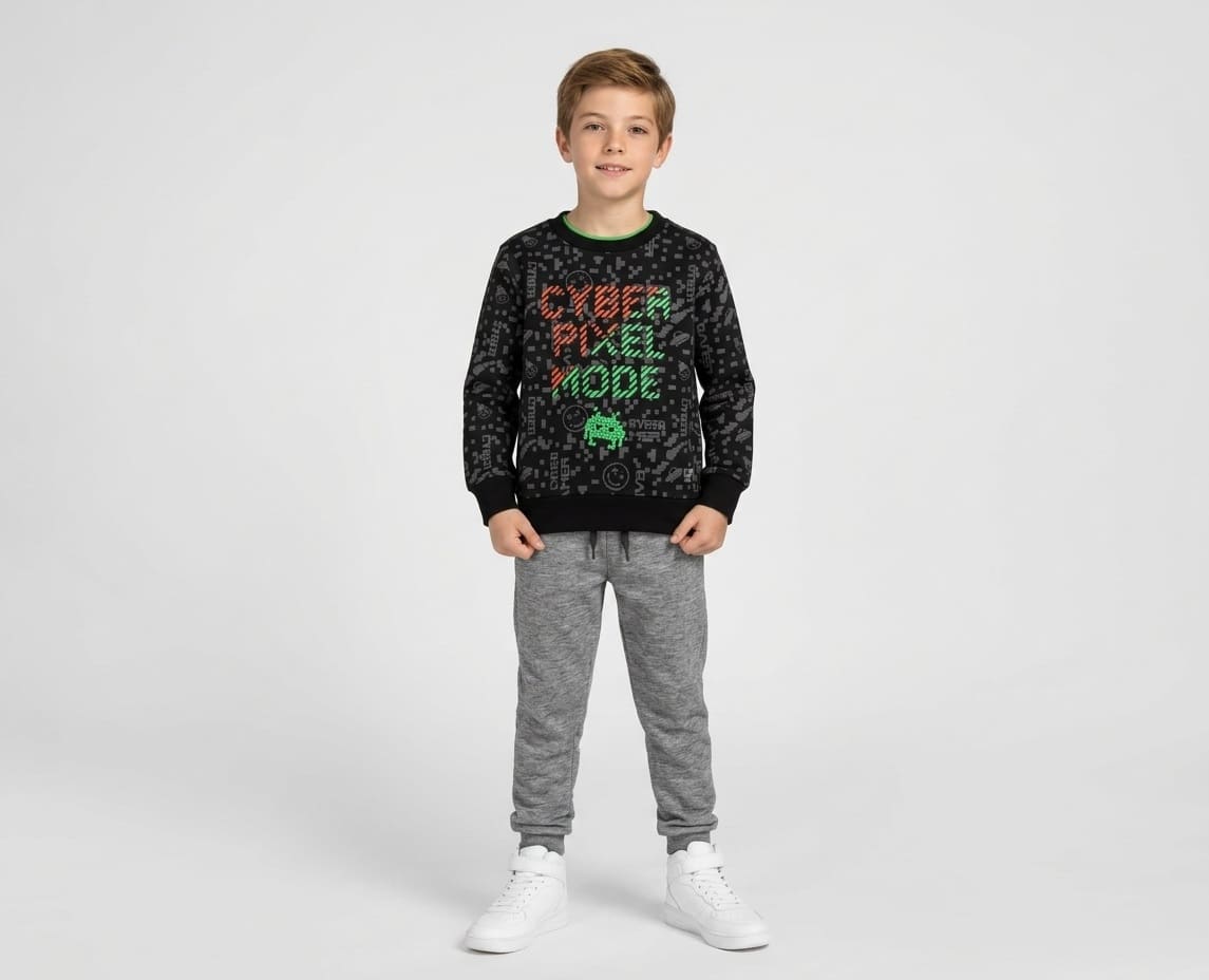Sudadera de niño de felpa con estampado pixelado y puños elásticos