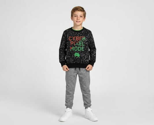 Sudadera de niño de felpa con estampado pixelado y puños elásticos