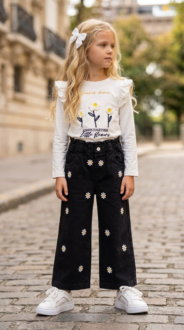 Pantalón de niña de tela plana con bordados florales