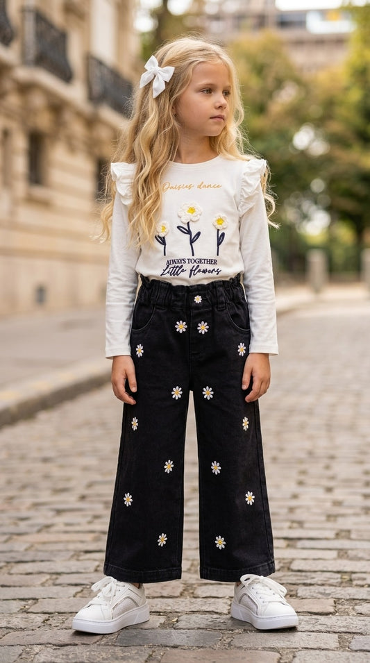 Pantalón de niña de tela plana con bordados florales