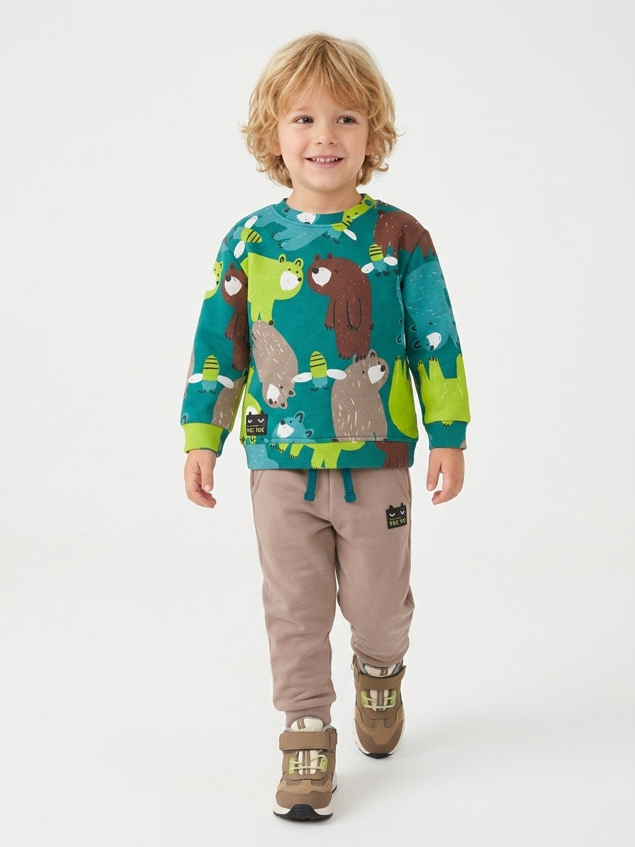 Conjunto de niño de felpa con sudadera de diseño de osos y pantalón a juego