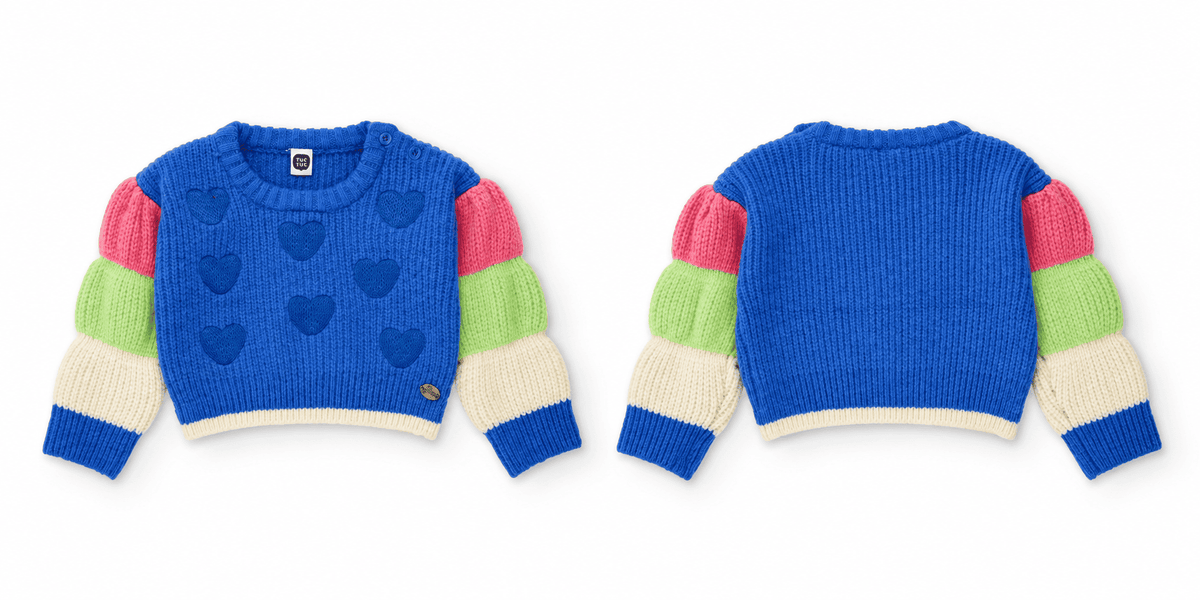 Jersey de niña de tricot con corazones y mangas bicolor
