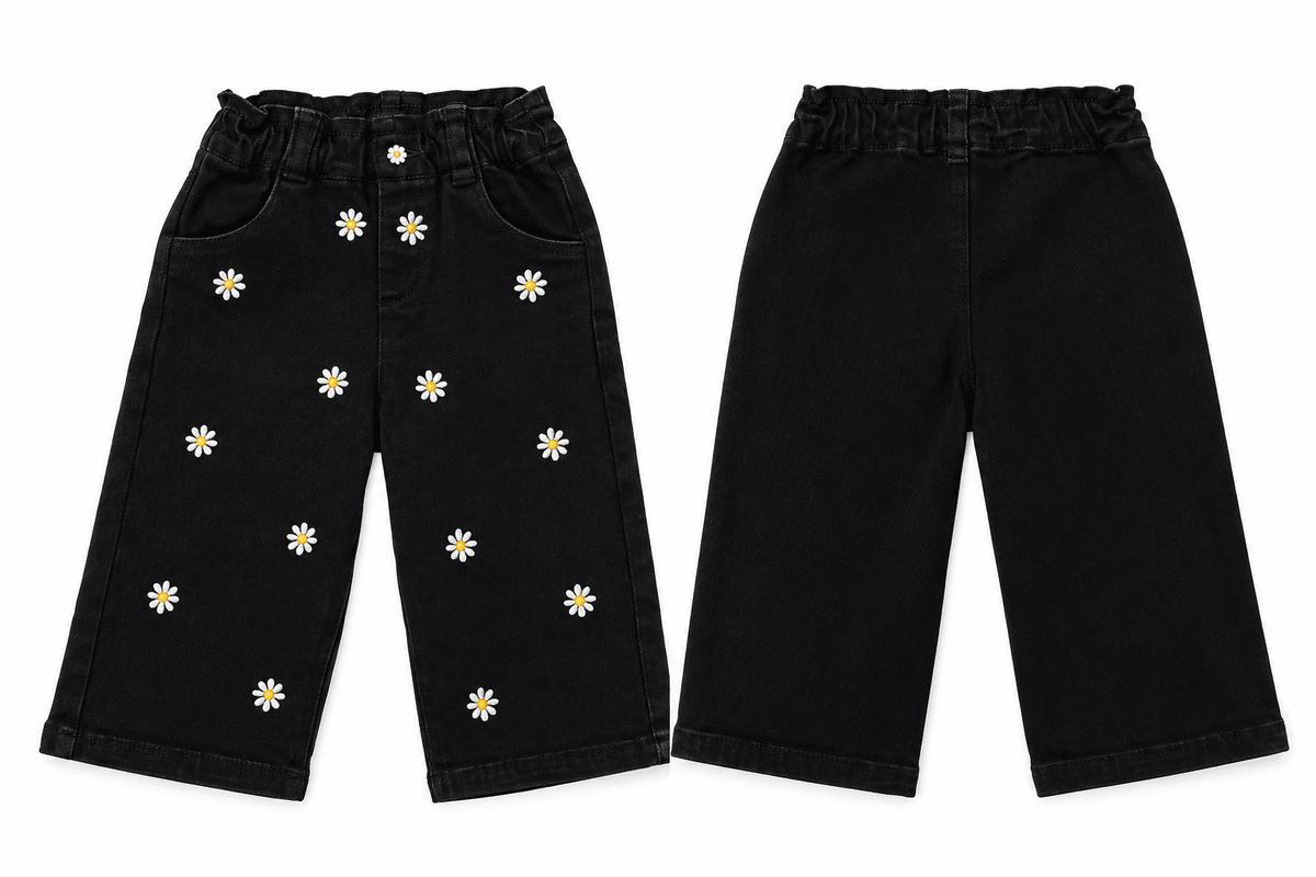 Pantalón de niña de tela plana con bordados florales